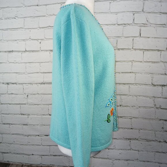 NORTHERN ISLES CARDIGAN SWEATER CHEYENNE BLUE BEADED FLOWERS WOMENS MEDIUM - Picture 8 of 9